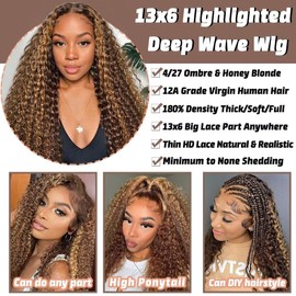 Highlight Ombre Lace Front Wigs Human Hair Honey Blonde Deep Wave 13x6 HD Transparent Lace Frontal Wigs Human Hair P4/27 Colored Curly Wig for Women 180% Density Glueless Pre Plucked 26 Inch Wig