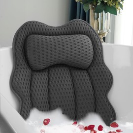 Joeyset Bath Pillow for Tub, 4D Air Mesh Breathable Fabric, Soft Supportive Bathtub Cushion for Head Neck Back, Ergonomic Spa Pillow with Strong Suction Cups, Quick-Drying, Machine Washable, Gray