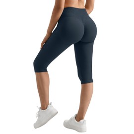 MOOSLOVER Women Hidden Scrunch Butt Lifting Capri Leggings High Waisted Seamless Compression Tummy Control Yoga Pants(M,Navy Blue)