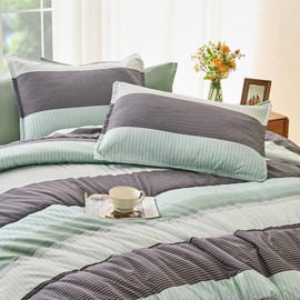 Andency California King Comforter Set Sage Green - 7 Pieces Green Striped Summer Bed in a Bag, Soft Microfiber All Season Patchwork Bedding Set with Comforter, Fitted & Flat Sheet, Pillowcases & Shams