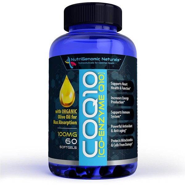 CoQ10, Coenzyme Q10, Highest Absorption with Organic Olive Oil, 100mg, 60 Softgels, Ubiquinone, Ubiquinol, Supports Heart Health, Increases Energy, Pure, Natural, Effective, NutriGenomic NaturalsÂ®