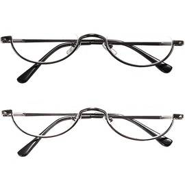 REAVEE 2 Pack Half Lens Reading Glasses Men Women Spring Hinge Metal Half Frame Readers Slim Half Moon Eyeglasses with Pouch,Black and Gun Grey 2.0