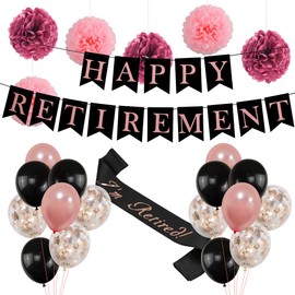 Retirement Party Decorations for Women, Rose Gold Happy Retirement Banner Officially Retired Sash Confetti Balloons Paper Pom Poms Set for Retirement Decorations Party Supplies