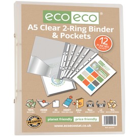 eco-eco A5 65% Recycled Clear Presentation Ring Binder with 12 Multi Punched Pockets, eco173
