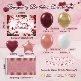 Burgundy Birthday Decorations, Burgundy Rose Gold White Balloons Happy Birthday Banner Burgundy Tablecloth Backdrop for Happy Birthday Decorations for Women Adults