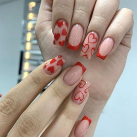 Valentine's Day Press on Nails Square Medium Fake Nails Red French Tip Glue on Nails Red Hearts Designs Nails Press ons Nude Full Cover False Nails Valentines Stick on Nails for Women 24Pcs