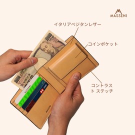 MASSENI Men's Luxury Italian Leather Bifold Wallet, Coin Pocket, Tan Color, Genuine Leather, Lightweight Leather, Holds 4 Cards, Black