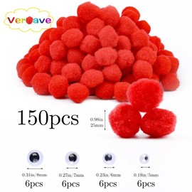Veroave 150 Pieces Pom Poms 1 Inch Red,Small Pom Poms for Crafts, Puff Balls,Arts and Crafts Pom Poms Balls for DIY Art Creative Crafts Decorations