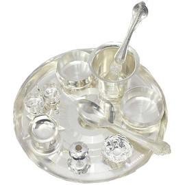 BENGALEN Silver Plated Pooja Thali Set 8 Inch Festival Ethnic Puja Thali Gift for Diwali Home Temple Office Wedding Return Gift Items