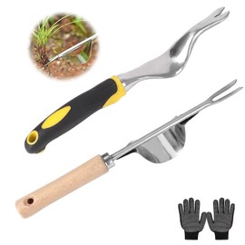FUZVOL 2 Weed Tool and 1 pair of black gloves Weed Puller Remover Weed Puller Weeder Weeding Tools for Garden Paving Slabs Hand Stainless Weeding Tool for Garden Lawn Yard Root