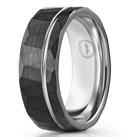 Men's Tungsten Carbide Wedding Band - Premium Grade Hammered Brushed Wedding Ring for Men (Black with Polished White Gold Strip) - With Silicon Band, Leather Pouch, & Luxury Walnut Box(Size 8)