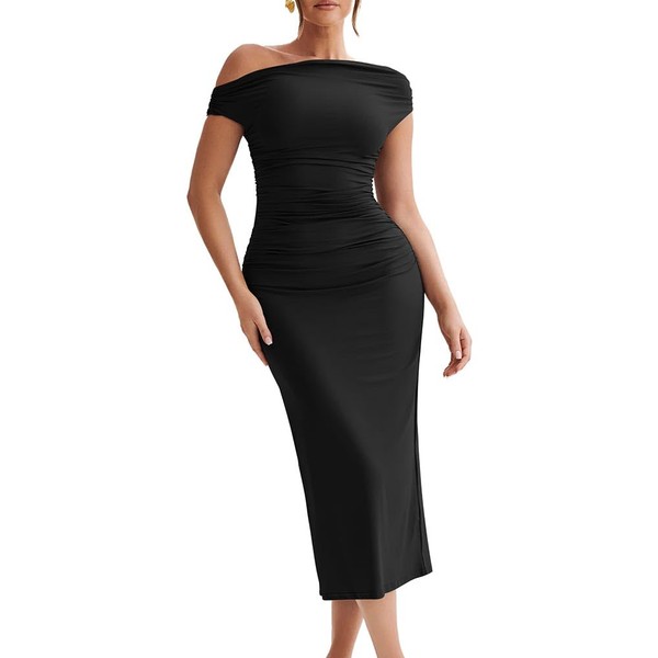 LAGSHIAN Women's Elegant One Shoulder Sleeveless Bodycon Ruched Party Cocktail