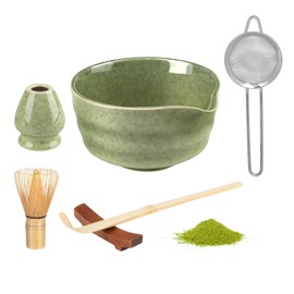 Matcha Set, Includes Matcha Bowl, Matcha Bamboo Tea Whisk, Whisk Stand, Bamboo Shovel, Matcha Strainer, 5-Piece Set Tea Service for Japanese Tea Ceremony (without Powder)