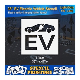 Pavement Stencils - 36 in - Electric Vehicle Silhouette with Plug and EV Letters - 35'' x 41'' x 1/16" (63 mil) - Light-Duty