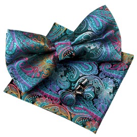 Alizeal Mens Party Paisley Pre-tied Bow Tie, Pocket Square and Cufflinks, Peacock Blue