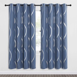 NICETOWN Blackout Curtains Panels for Bedroom - Microfiber Noise Reducing Thermal Insulated Wave Line Foil Print Design Drapes for Patio Sliding Glass Door (Stone Blue, 2 Panels, 52 x 72 Inch)