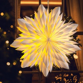 EANLOLY Christmas Star Illuminated, Paper Stars Christmas, 3D Star Window, Christmas Decoration Indoor Hanging with Lighting, White, 45 cm