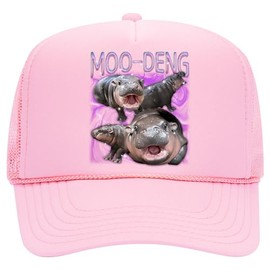 Moo Deng Hippo Trucker Hat | Funny Meme Viral Trendy | Premium Snapback Hat for Men & Women (US, Alpha, One Size, Pink)