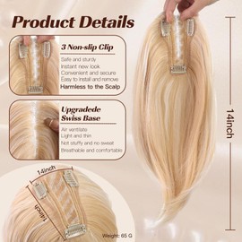 EMMOR 14 Inch Light Blonde & Bleach Blonde Mixed Hair Toppers for Women Synthetic Hair Toppers Hair Pieces Swiss Base with 3 Clips in Wiglet Toppers for Women with Thinning Hair Grey Hair Hair Loss