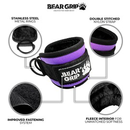 BEAR GRIP - Ankle Straps for Cables with New Fleece Design - Strong Closure, Double Stainless Steel D-Ring, Adjustable Neoprene - For Men & Women (Purple - Pair)