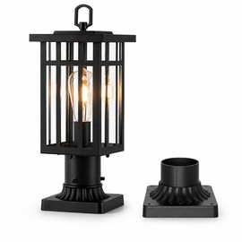 c cattleya Modern Outdoor Post Light with Pier Mount Base, Matte Black Exterior Post Lantern, Clear Tempered Glass, E26 Base Outdoor Pole Light for Patio Porch Deck Fence Entryway