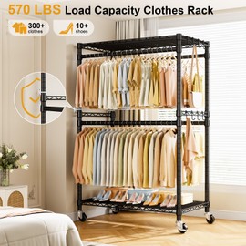 ULIFHOME P4 Rolling Clothes Rack Heavy Duty, Clothing Racks for Hanging Clothes, Free Standing Garment Racks with Wheels, Metal Portable Closet Rack 45''W × 20.5''D × 80.5''H, Max Load 570 Lbs, Black