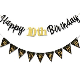 TOPWAYS Decoration 10th Birthday Banner Girls Boys, Black Gold Birthday Decoration 10th Birthday Garland Happy 10th Birthday Banner Bunting for 10 Birthday Boys Girls Decoration (Birth10)