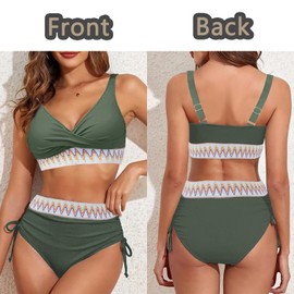 High Waisted Bikini Sets for Women, 2PCS V Neck Tummy Control Ruched Drawstring Swimwear for Ladies Beach Pool Bathing Suit