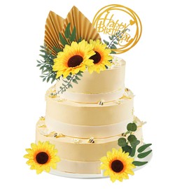 18 Stück Blumen Boho Kuchen Deko, Sonnenblume Kuchen Topper, mit Gold alles Gute zum Geburtstag Kuchen Topper Sonnenblume Golden Palm Eukalyptus Blätter, für Geburtstag, Hochzeit, Babyparty