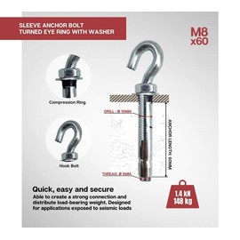 DOJA Industrial | Expansion Anchor Hook Bolt | M8-60 | PACK 10 | Steel Zinc Plated Concrete Wall Open Cup Hooks Sleeve | Wall Hook Extension Bolts, Heavy Duty Lifting Hooks, Ceiling Screws Hooks