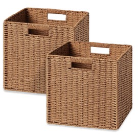 UBBCARE 2 Pack Wicker Basket, 11.8L×11.8H×11W inch Woven Paper Rope Storage Baskets for Shelves, Foldable Cube Storage bin with Handle, Storage Basket for Organizing & Decor, Caramel