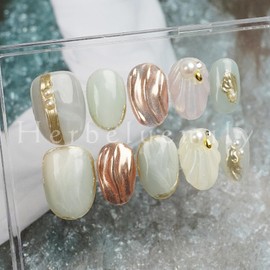 Herbeluemily Nail Tip, Short, Handmade, 3D Storage Case, 10 Pieces, Flower, Mermaid, Oval Gold, L