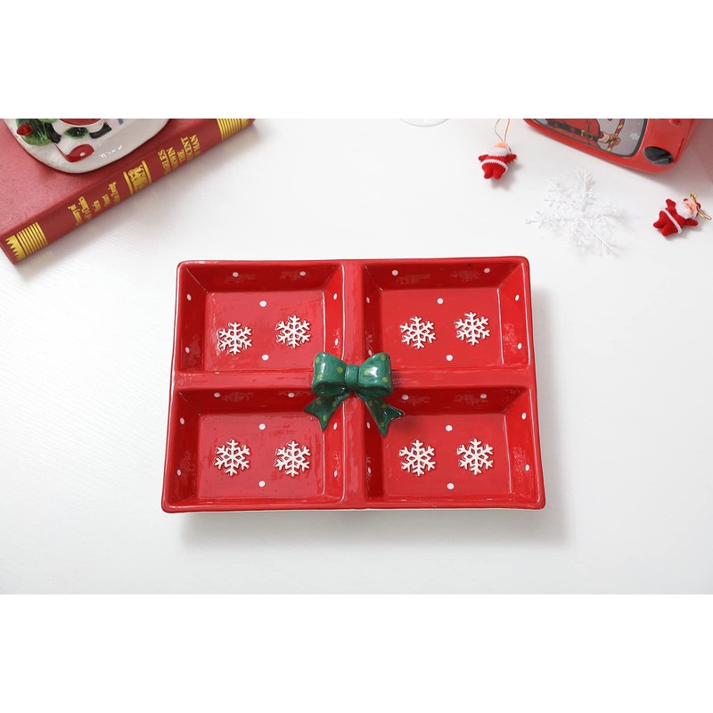 Festive Red Snowflake Christmas Themed Winter Holiday Ceramic 4-Section Server