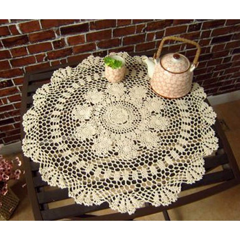 Damanni Beige Cotton Handmade Crochet Lace Tablecloth Doilies Table Overlay,Round,23