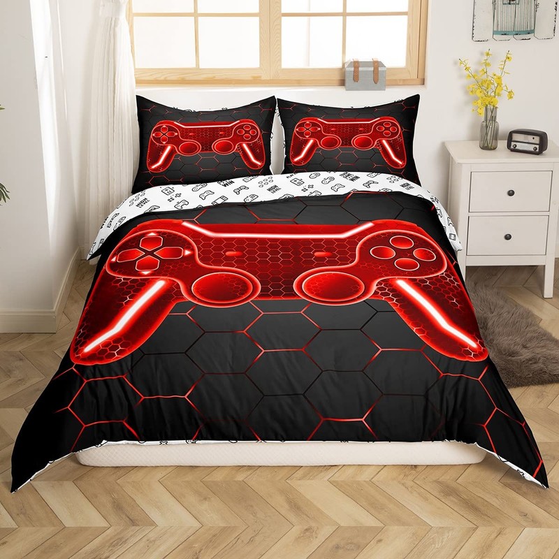 Loussiesd Cool Bedding for Teenager Double Bedding Gamer Red Black