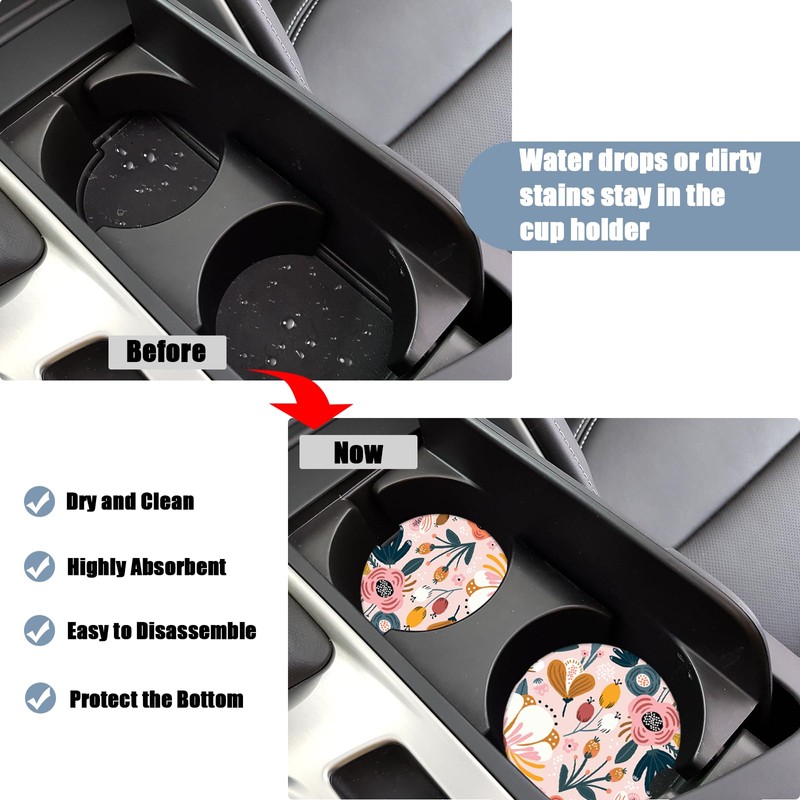 Cup Holders Car Coasters - Boho Flower Absorbent Ceramic Coaster,