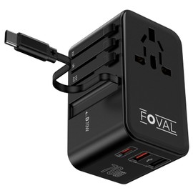 FOVAL European Travel Plug Adapter, Universal Travel Adapter with Retractable USB C Cable, All-in-one International Power Adapter for Europe Italy UK US AUS (70W)