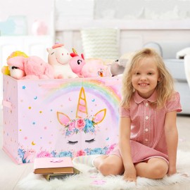 WERNNSAI WERNNSAI Toy Box for Girls - Collapsible Oxford Storage Bin with Handles 25" x 13" x 16" Toys Clothes Books Unicorn Chest Organizer Cube with Flip-top Lid for Kids Bedroom Nursery Living Room