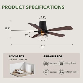 Spacora 52 Inch Farmhouse Ceiling Fan with Light and Remote, Black Caged Flush Mount Ceiling Fans with 6 Speed Reversible Motor and Dual Finish 5 Blades, Rustic Ceiling Fan for Living room, Bedroom