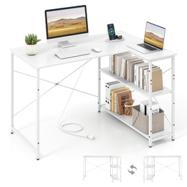 Giantex L Shaped Desk with Charging Station, 47 Inch Reversible Computer Desk with Adjustable Storage Shelves & Metal Frame, Modern Corner Desk for Home Office Studying Writing Gaming (White)