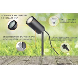 lambado® Premium LED Ground Spike Light Black Outdoor Spotlight Including 3 W GU10 Warm White Garden Spotlight with Ground Spike Swivelling Includes 1.5 m Cable with Plug