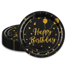 50 Stück Pappteller schwarz gold, 18cm Pappteller Geburtstagspartygeschirr Partygeschirr Partyteller für Geburtstag Party Abschlussfeier, Jubiläums, Valentinstag (Geburtstag Pappteller schwarz)