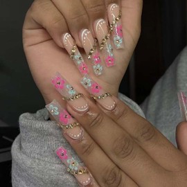 Gifiky Long Square Daisy Press on Nails Gradient Fake Nails Full Cover Nails Tips Crystal Gem Design False Nails for Women and Girls 24Pcs