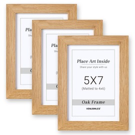 5x7 Oak Picture Frame, 5 x 7 inch Photo Frame Matted to 4x6 inch Picture, Tempered Glass, Natural Wood Frame for Vertical and Horizontal Display for Wall and Table, Set of 3