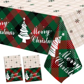 Christmas Tablecloth, 2PCS Disposable Red Green Buffalo Checkered Plastic Christmas Table Cloth, 54 x 108 Inch Christmas Table Cover Rectangle Table Decoration for Christmas Party Decorations Supplies