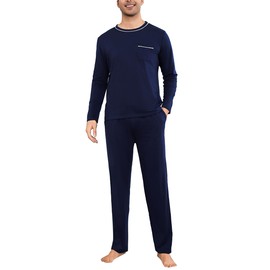 Litherday Men's Pyjamas Sets Long-Sleeve Cotton Pjs Set 2 Piece Loungewear Nightwear Tops and Bottoms with Pockets Navy Blue