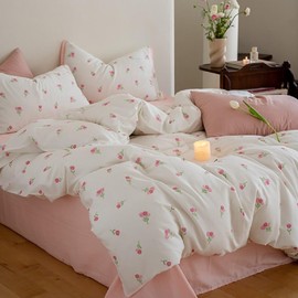 Lanqinglv Bed Linen Set, White, Pink, Tulip, Floral Pattern, Microfibre Bed Linen, 155 x 220 cm Duvet Cover with Zip and 1 80 x 80 cm Pillowcase, Oeko Tex Seal of Approval