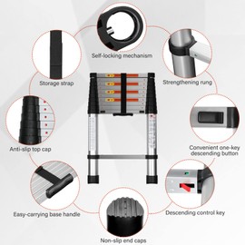 Simple Deluxe Telescoping Ladder 10.5FT Aluminum One-Button Retraction Extension System for Indoor and Outdoor Use, 330lb Load Capacity