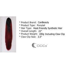 CiCiCa-“PT06”, Long Ponytail Extension with Jaw/Claw Clip and Drawstring, 22 Inches Long Straight Drawstring Ponytail, Ombre Black Roots to Burgundy Hair Extensions Ponytail, Heat-Resistant Synthetic Clip in Ponytail Hair Extensions for Women.
