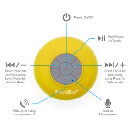 Soundbot SB510 HD Bluetooth, USB, Infrared Shower Speaker, Water Resistant Handsfree Portable Speakerphone with Built-in Mic, 6hrs of Playtime, Control Buttons and Dedicated Suction Cup Yellow